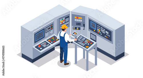 Worker operating control panels in modern isometric factory setting