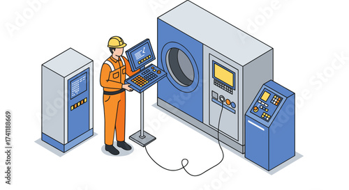 Technician operating cnc machine in isometric factory setting with advanced control panel