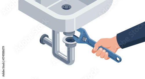 Isometric plumbing repair hand using a wrench on a kitchen sink pipe