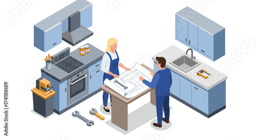 Isometric kitchen design consultation architects reviewing floor plans in modern kitchen setting