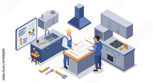 Isometric kitchen design planning with architects discussing blueprints