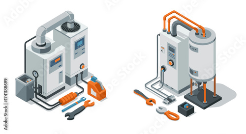 Isometric modern heating and cooling systems with tools and equipment