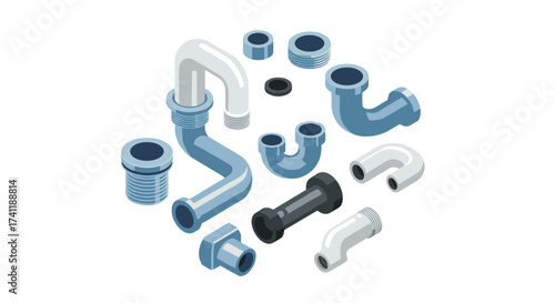 Isometric plumbing set with metal pipes and fittings