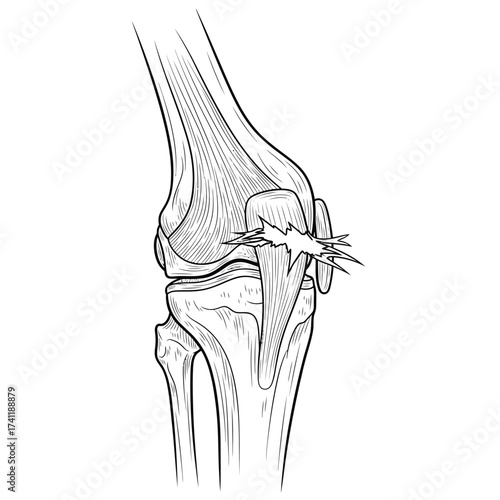 Torn ACL in human knee joint. Anterior cruciate ligament sports injury vector illustration.