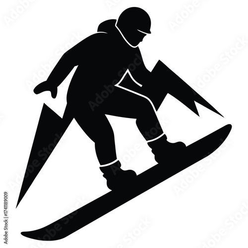 Vector art of a black and white vector illustration of a snowboarder riding down a mountain, showcasing the thrill and excitement of winter sports