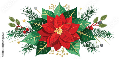Poinsettia Christmas Decoration Vector,Festive Red Flower and Evergreen Arrangement,Holiday Floral Composition Vector,Christmas Floral Ornament Illustration Red flower vector,Red flower design,