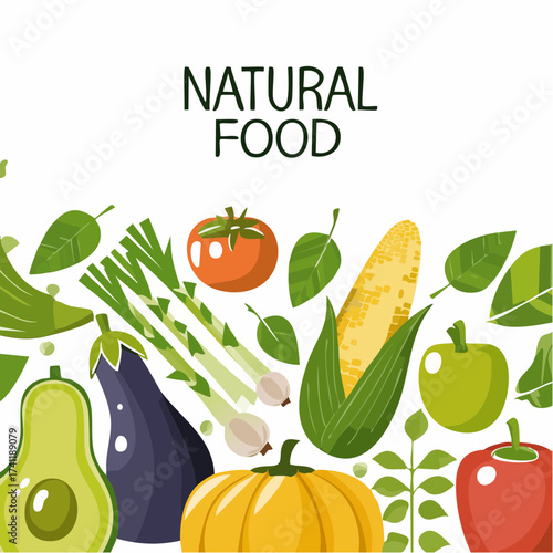 Natural food banner in flat style. Fruits and vegetables in simple geometric shapes.