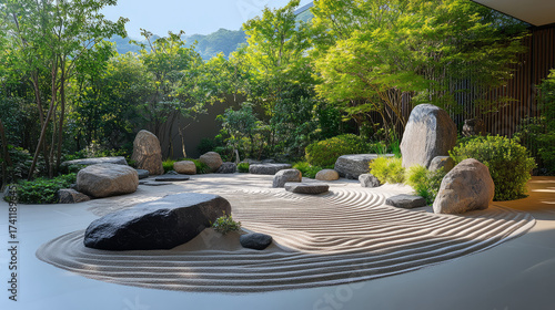 Fototapeta Naklejka Na Ścianę i Meble -  peaceful Zen garden featuring carefully raked sand, large stones, and lush greenery creates calming . This space invites relaxation and ion