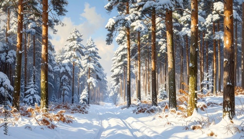 Winter forest landscape with snow-covered trees and a path, beautiful and sunny