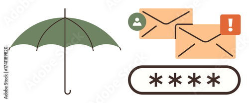 Green umbrella symbolizing protection, two emails with alert and user icon, and password field with asterisks. Ideal for cybersecurity, data protection, email security, account safety, phishing