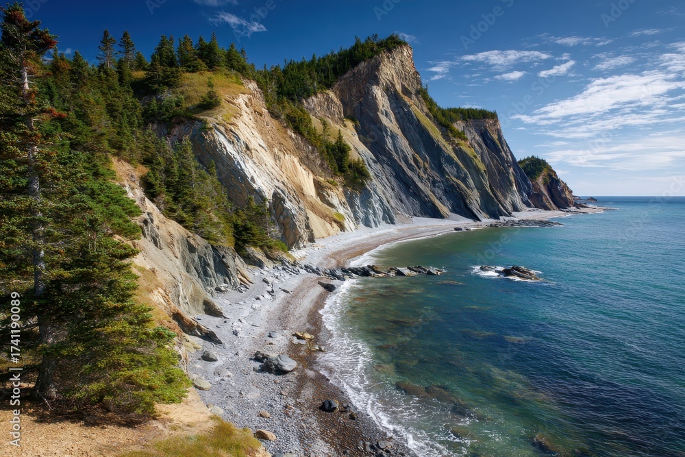 Fototapeta premium Breathtaking View of Forillon National Park's Scenic Coastline near Cap-Aux-Os, Showcasing Sandstone Hills and Lush Conifers in Quebec's Gaspe Peninsula