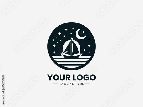 Peaceful dream boat voyage vector logo with sailing ship and star navigation for travel agency