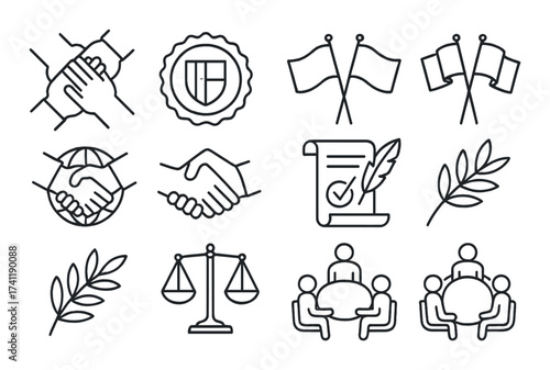 Business and legal icons set: contract, handshake, book, chart, institution, magnifying glass, globe, certificate.