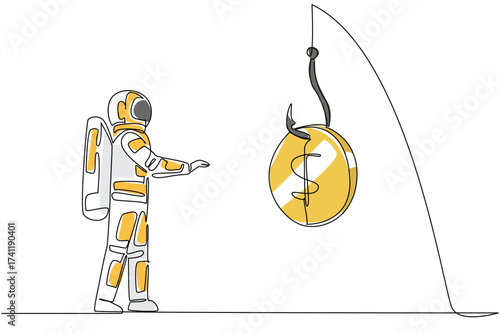 Single continuous line drawing astronaut chasing a hook with a dollar coin attached. Interested in instant profits. Deception. National Senior Fraud Awareness Day. One line design vector illustration