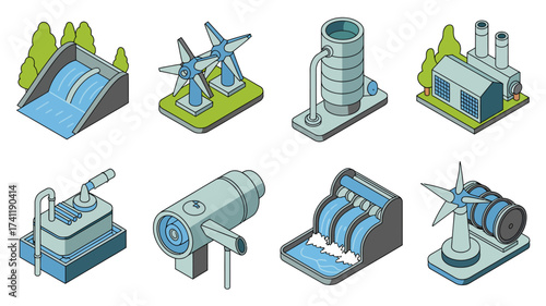 Isometric Icons of Clean Energy Sources Featuring Windmills Hydro Power Plants and Other Sustainable Energy Solutions for a Greener Future