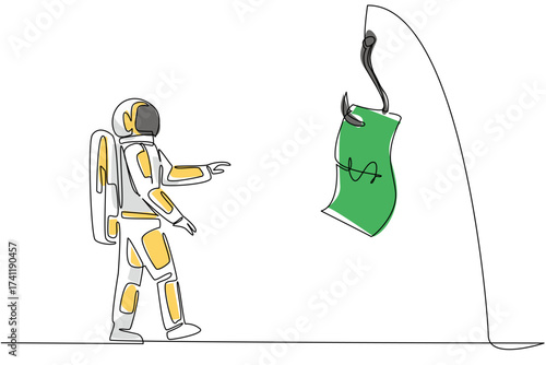 Single one line drawing astronaut chasing a hook that has a dollar bill attached to it. Investing in the wrong place. National Senior Fraud Awareness Day. Continuous line design graphic illustration