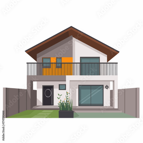 Modern Two Story House with Balcony and Front Garden Illustration Residential Architecture Property Design and Real Estate Investment