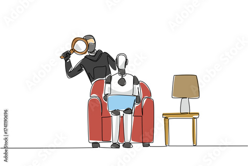 Single continuous line drawing robot sits on sofa holding laptop and masked thief uses a magnifier. Observe before breaking in. National Senior Fraud Awareness Day. One line design vector illustration