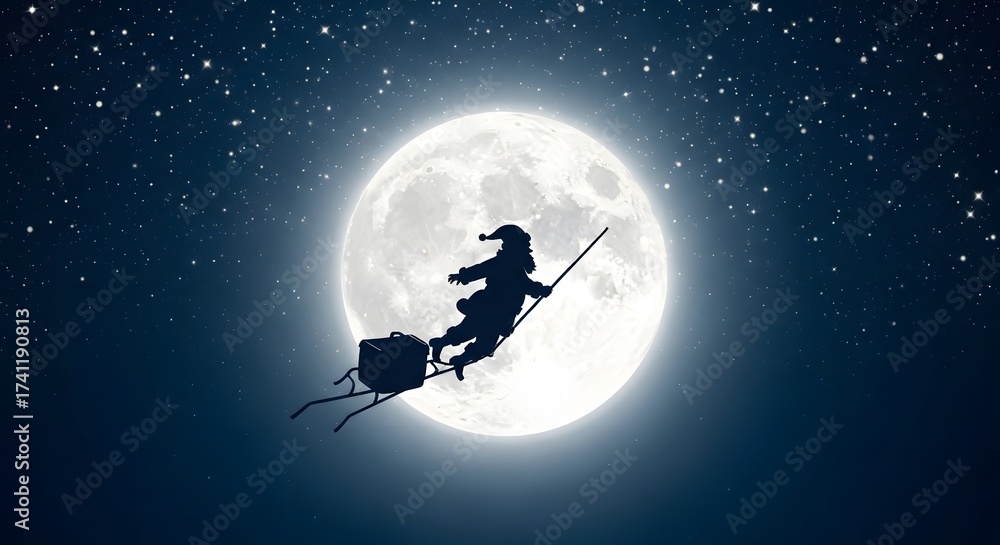 Naklejka premium Santa Claus silhouette soars across the night sky with a bright full moon backdrop and twinkling stars, bringing holiday magic and cheer to Christmas celebrations