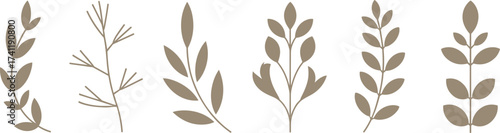 Minimalist botanical leaves illustration, modern plant silhouette set, natural foliage design, eco friendly organic pattern, decorative rustic brown artwork