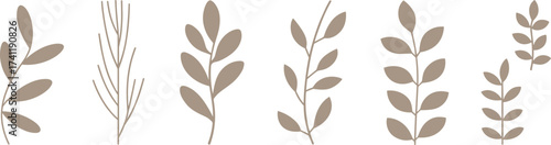 Minimalist botanical leaves illustration, modern plant silhouette set, natural foliage design, eco friendly organic pattern, decorative rustic brown artwork