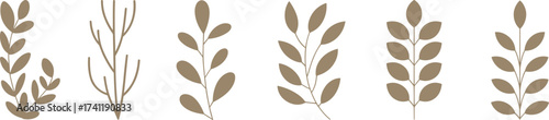 Minimalist botanical leaves illustration, modern plant silhouette set, natural foliage design, eco friendly organic pattern, decorative rustic brown artwork