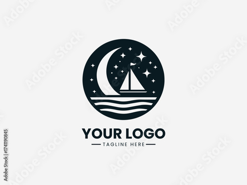 Peaceful dream boat voyage vector logo with sailing ship and star navigation for travel agency