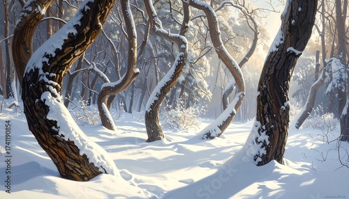 Winter wonderland painting of snow-covered trees in a sunny forest landscape