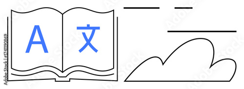Open book with language symbols, cloud icon, and minimal design elements. Ideal for translation, education, communication, global access, cloud storage, language learning simple flat metaphor