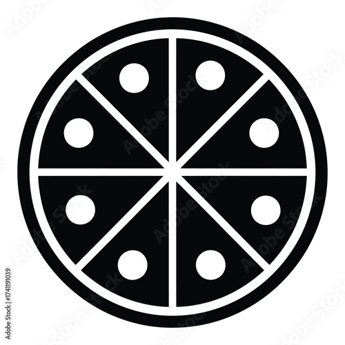 Stylized circular pizza icon with eight slices and toppings simple food graphic for menus and branding silhouette