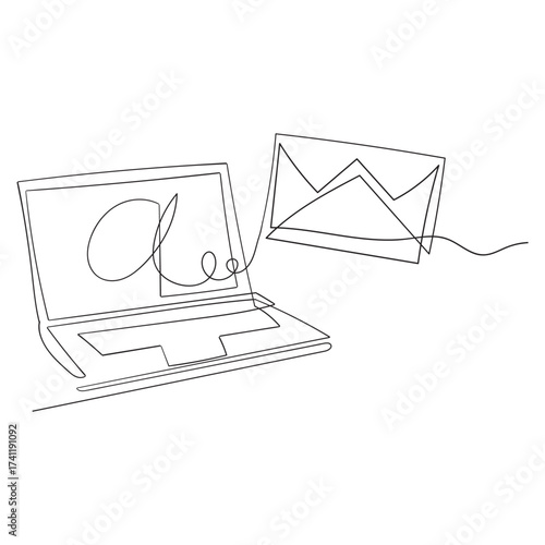 hand drawn doodle laptop and mail illustration in continuous line art drawing
