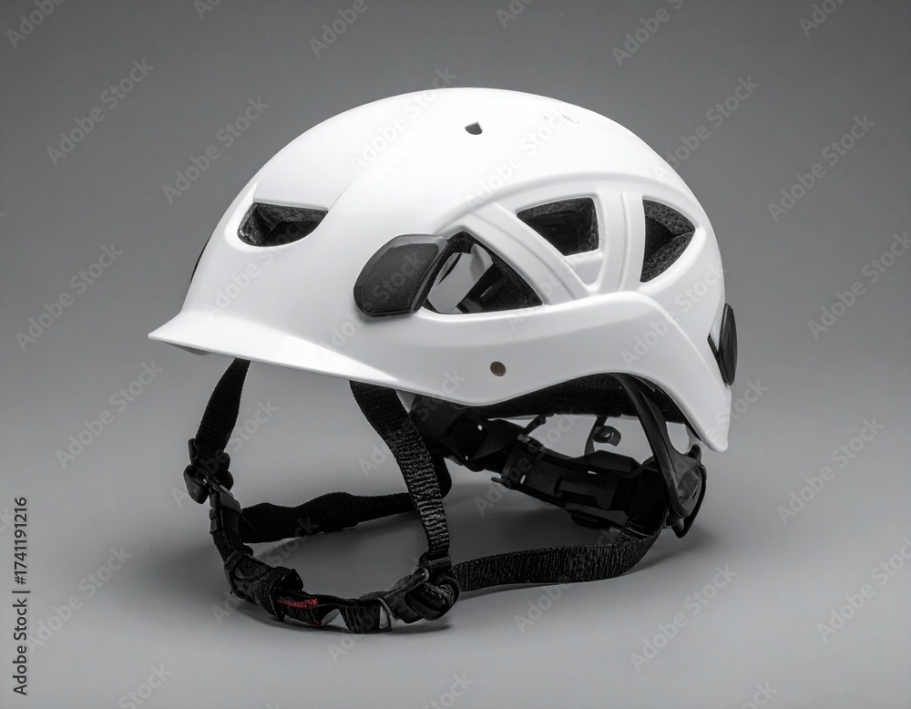 Fototapeta premium White safety helmet with ventilation holes, black straps, and padding on neutral background