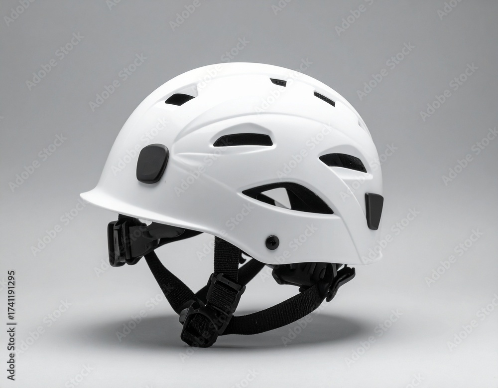 Fototapeta premium White safety helmet with ventilation holes, black straps, and padding on neutral background