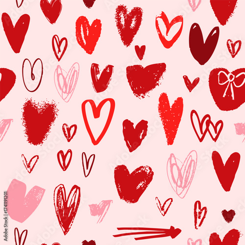 Various unique Hearts. Different textures. Unique modern style. Hand drawn trendy Vector illustration. Love, Valentine's Day, romance, affair concept. Square seamless Pattern, background, wallpaper 