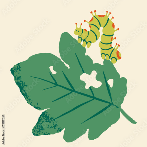 Green leaf chewed by insects. Damaged leaf with holes due to being eaten by caterpillar. Insect on a leaf. Hand drawn modern Vector illustration. Isolated design element. Print, icon template