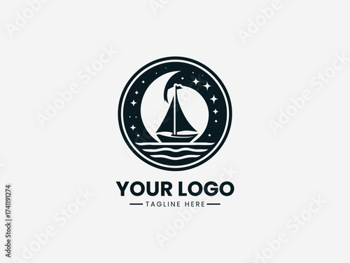 Peaceful dream boat voyage vector logo with sailing ship and star navigation for travel agency