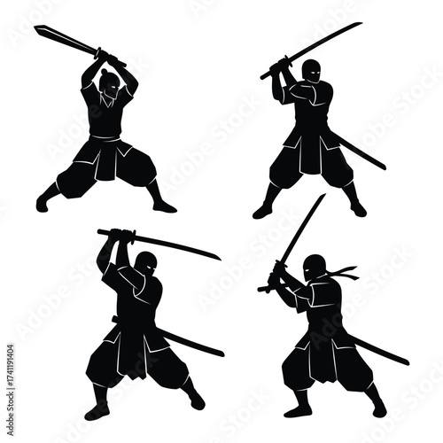 Four dynamic silhouettes of samurai warriors wielding katana swords in combat poses silhouette