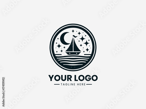 Peaceful dream boat voyage vector logo with sailing ship and star navigation for travel agency