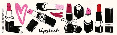 Various Lipstick, lip balm set. Different lipstick case shapes, open caps. Makeup, cosmetic product, fashion concept. Hand drawn trendy Vector illustration. Isolated design elements