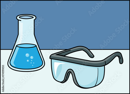 Laboratory Safety – Erlenmeyer Flask and Goggles, Vector Illustration