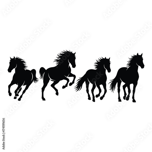 Majestic black horse silhouettes running freely in a herd dynamic power and graceful movement captured silhouette