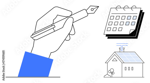 Hand holding pen writing with wall calendar and solar-powered house illustration. Ideal for planning, sustainability, scheduling, green energy, time management, eco-friendly concepts, innovation