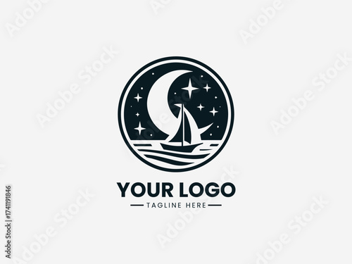 Peaceful dream boat voyage vector logo with sailing ship and star navigation for travel agency