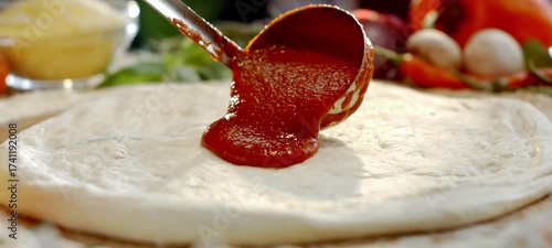 Close-up of a professional pizzaiolo pouring and spreading fresh tomato sauce onto raw pizza dough with a ladle, preparing a traditional italian margherita with ingredients in the background