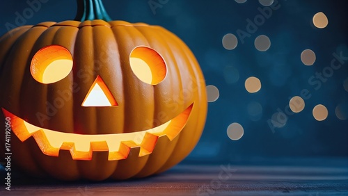 Happy Halloween Pumpkin With Round Eyes Glowing On Blue Background With Light Bokeh. Festive Jack-O'-Lantern For Holiday Decor And Celebration Mood