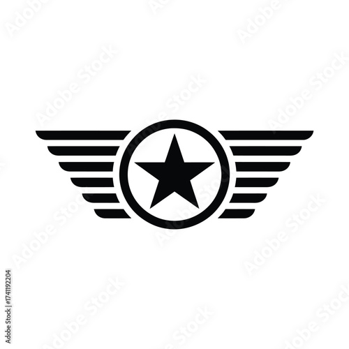 Black star and wings emblem on white background