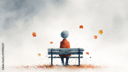 Lonely boy sitting on a park bench in autumn with falling leaves, watercolor illustration for emotional storytelling, melancholy mood, book cover, poster design, and background