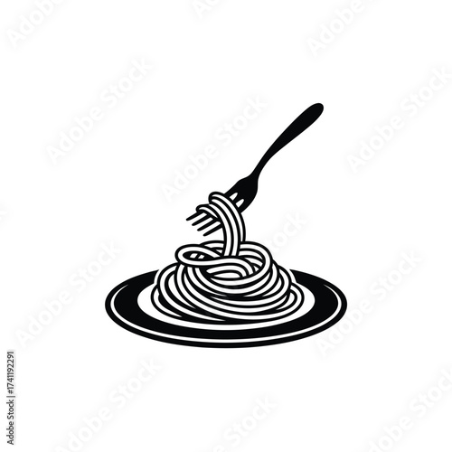 Black and white illustration of spaghetti on a plate with a fork