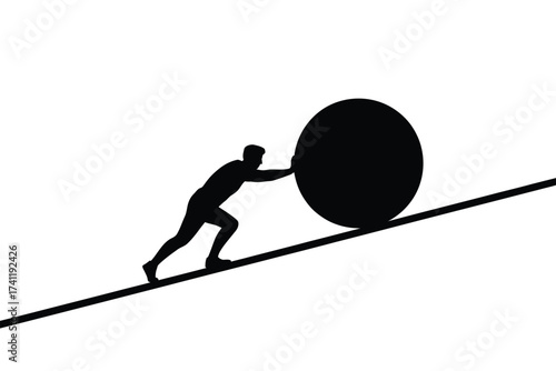 Silhouette of a person pushing a large boulder uphill