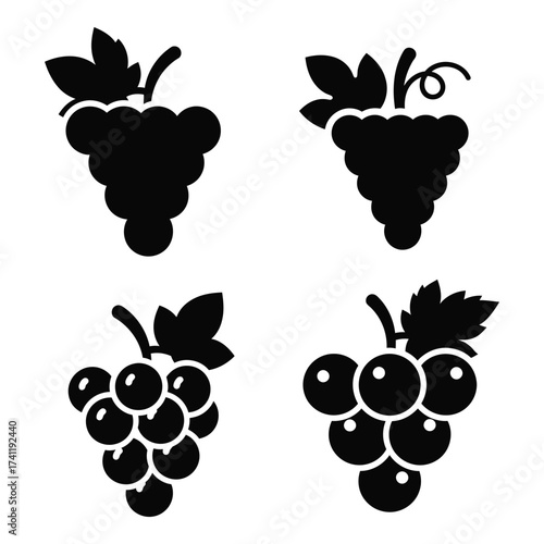 Four silhouette grape clusters food and drink symbol set agricultural produce fresh fruit harvest delicious organic silhouette